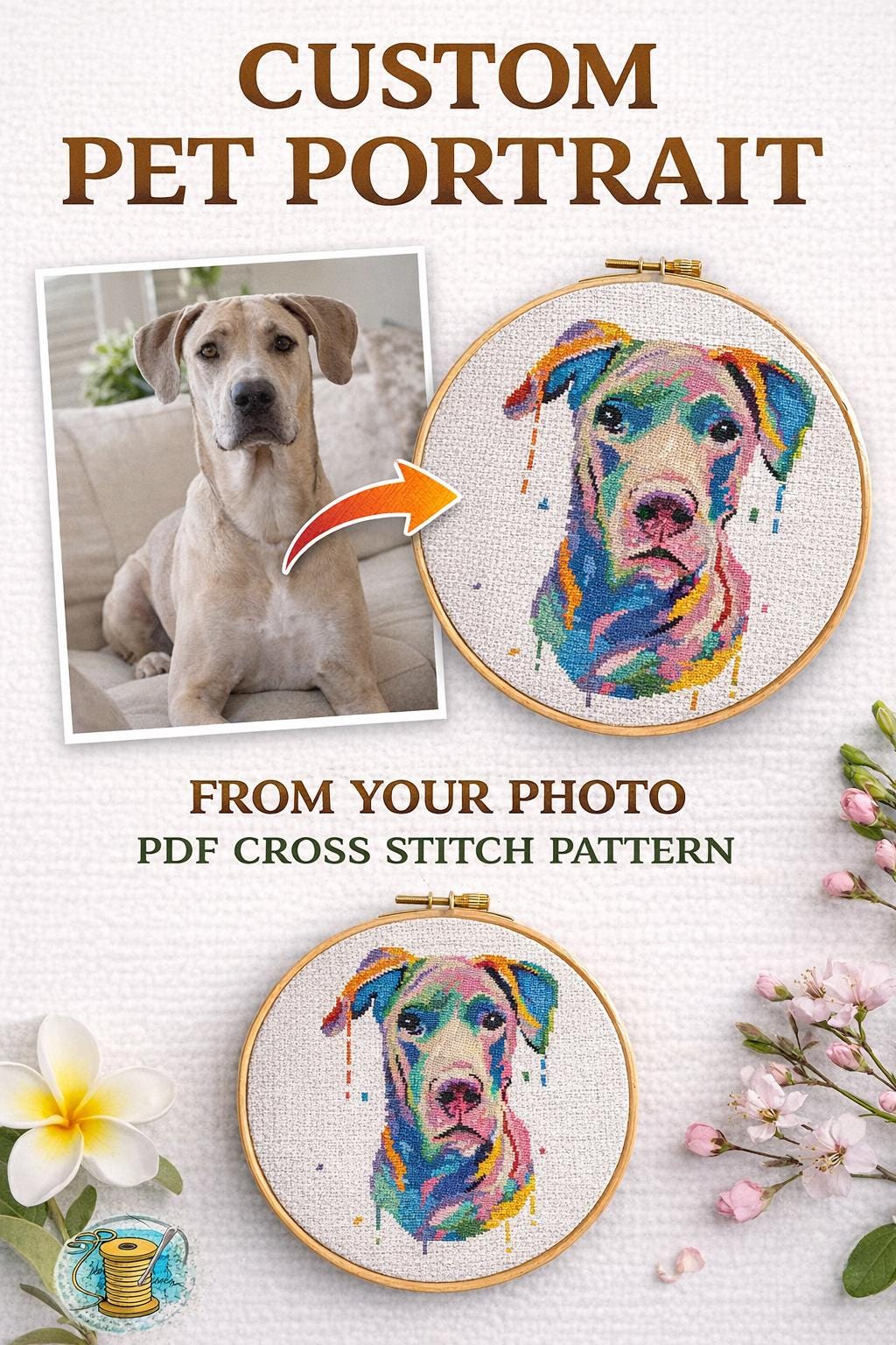 Custom Pet Portrait Cross Stitch Pattern From Photo, Personalized Dog Cat Embroidery Pattern PDF, Pet Photo To Cross Stitch Pattern pdf - NuttyHappyHobby