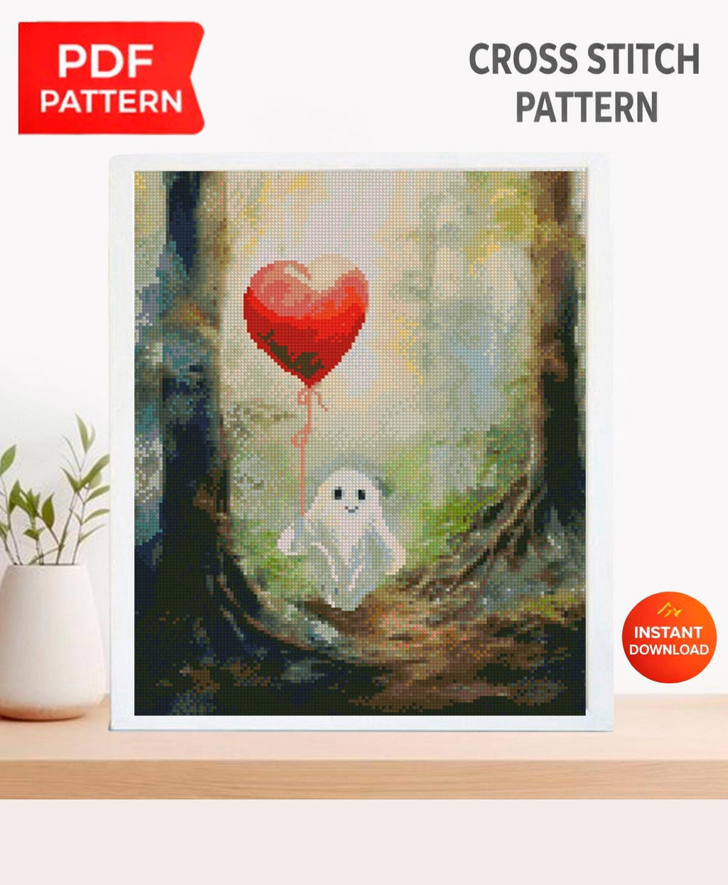 Cute Ghost Cross Stitch Pattern PDF, Ghost with Heart Balloon Embroidery Design, Spooky Cute Halloween Cross Stitch, Gothic Decor, Download - NuttyHappyHobby