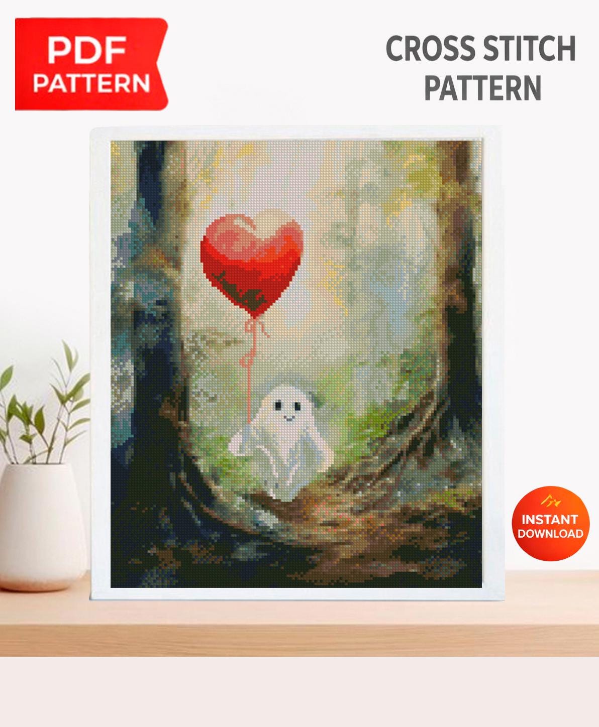 Cute Ghost Cross Stitch Pattern PDF, Ghost with Heart Balloon Embroidery Design, Spooky Cute Halloween Cross Stitch, Gothic Decor, Download - NuttyHappyHobby