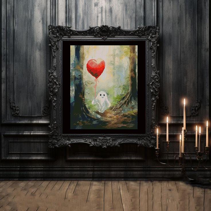 Cute Ghost Cross Stitch Pattern PDF, Ghost with Heart Balloon Embroidery Design, Spooky Cute Halloween Cross Stitch, Gothic Decor, Download - NuttyHappyHobby