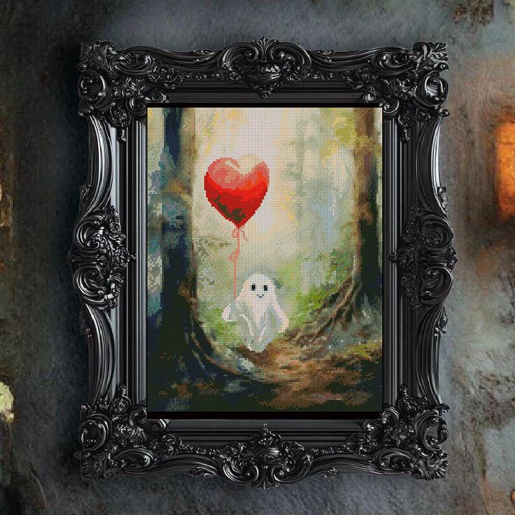 Cute Ghost Cross Stitch Pattern PDF, Ghost with Heart Balloon Embroidery Design, Spooky Cute Halloween Cross Stitch, Gothic Decor, Download - NuttyHappyHobby