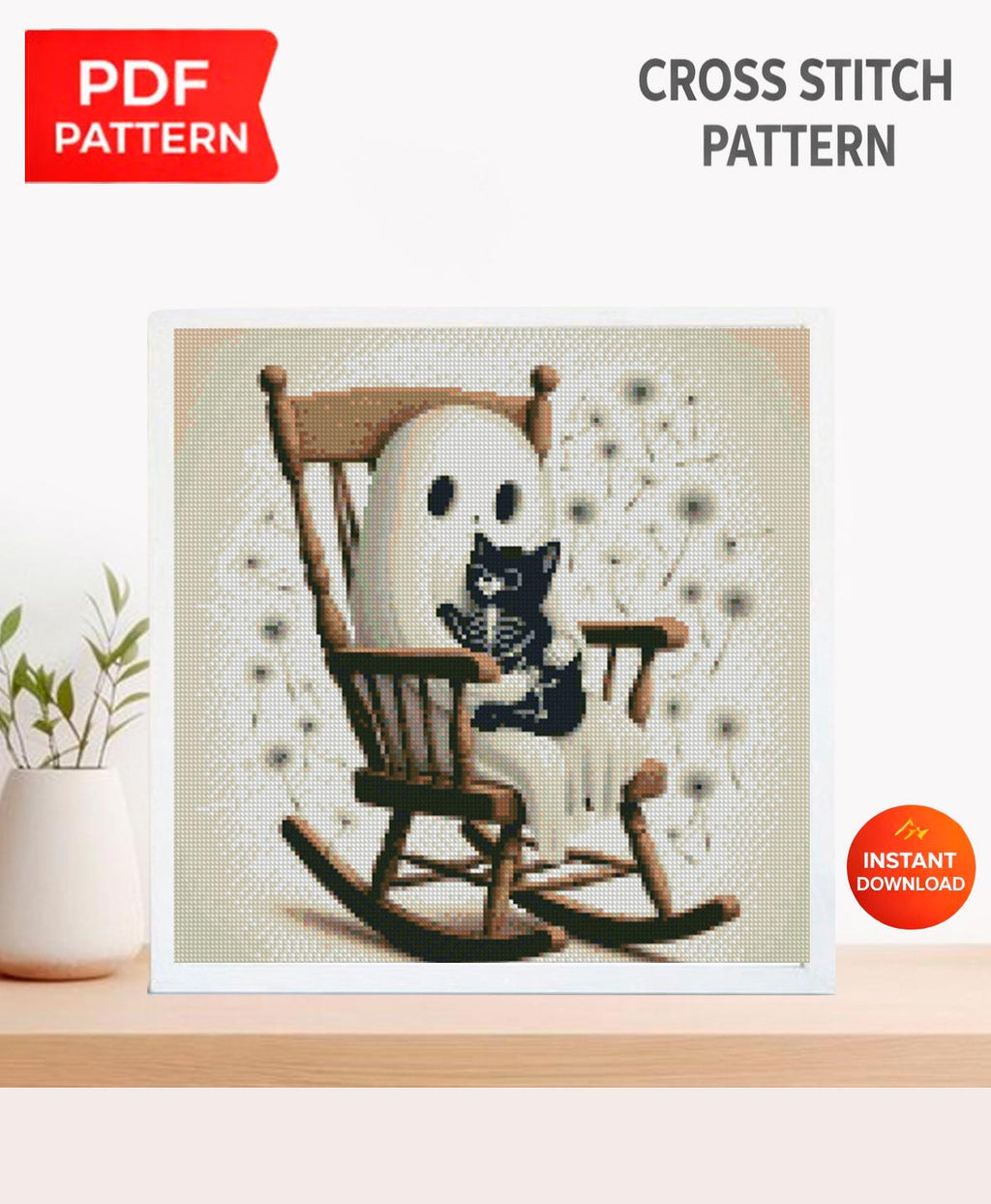 Cute Ghost Cross Stitch Pattern PDF, Halloween Cross Stitch Pattern, Spooky Cute Ghost with Cat, Gothic Halloween Decor, Instant Download - NuttyHappyHobby