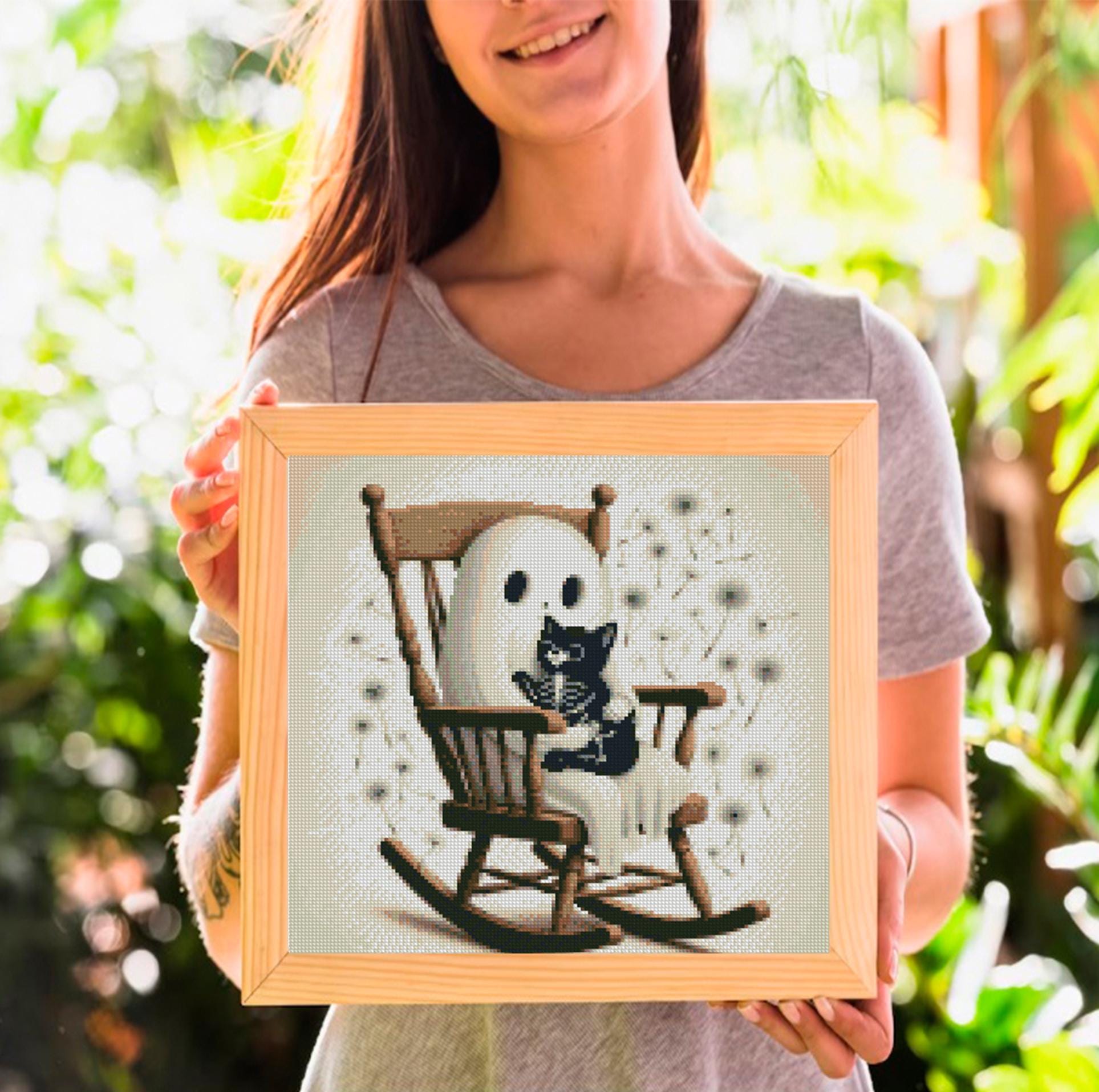 Cute Ghost Cross Stitch Pattern PDF, Halloween Cross Stitch Pattern, Spooky Cute Ghost with Cat, Gothic Halloween Decor, Instant Download - NuttyHappyHobby