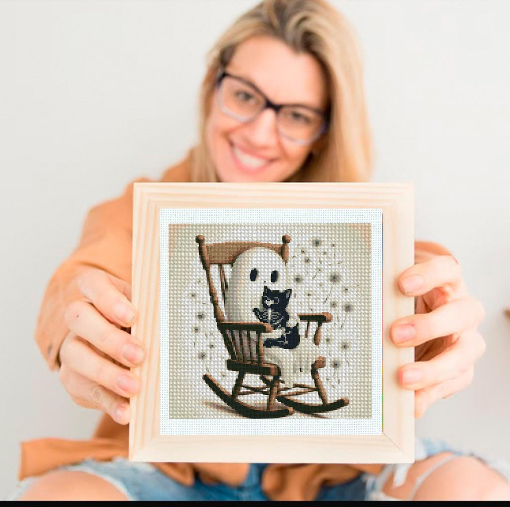 Cute Ghost Cross Stitch Pattern PDF, Halloween Cross Stitch Pattern, Spooky Cute Ghost with Cat, Gothic Halloween Decor, Instant Download - NuttyHappyHobby