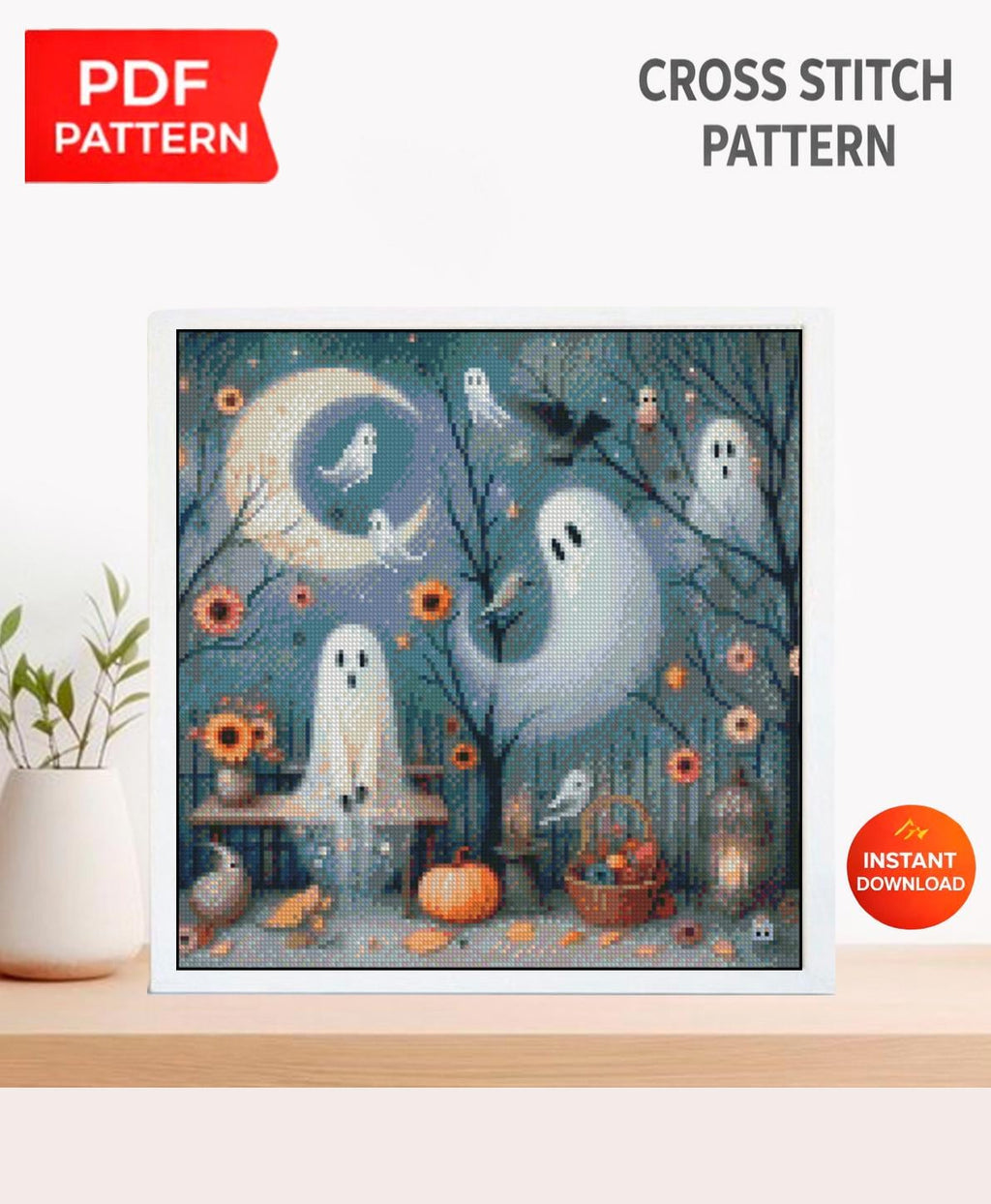 Cute Ghost Cross Stitch Pattern PDF, Halloween Ghost Embroidery Design, Spooky Cute Cross Stitch, Halloween Decor Pattern, Instant Download - NuttyHappyHobby