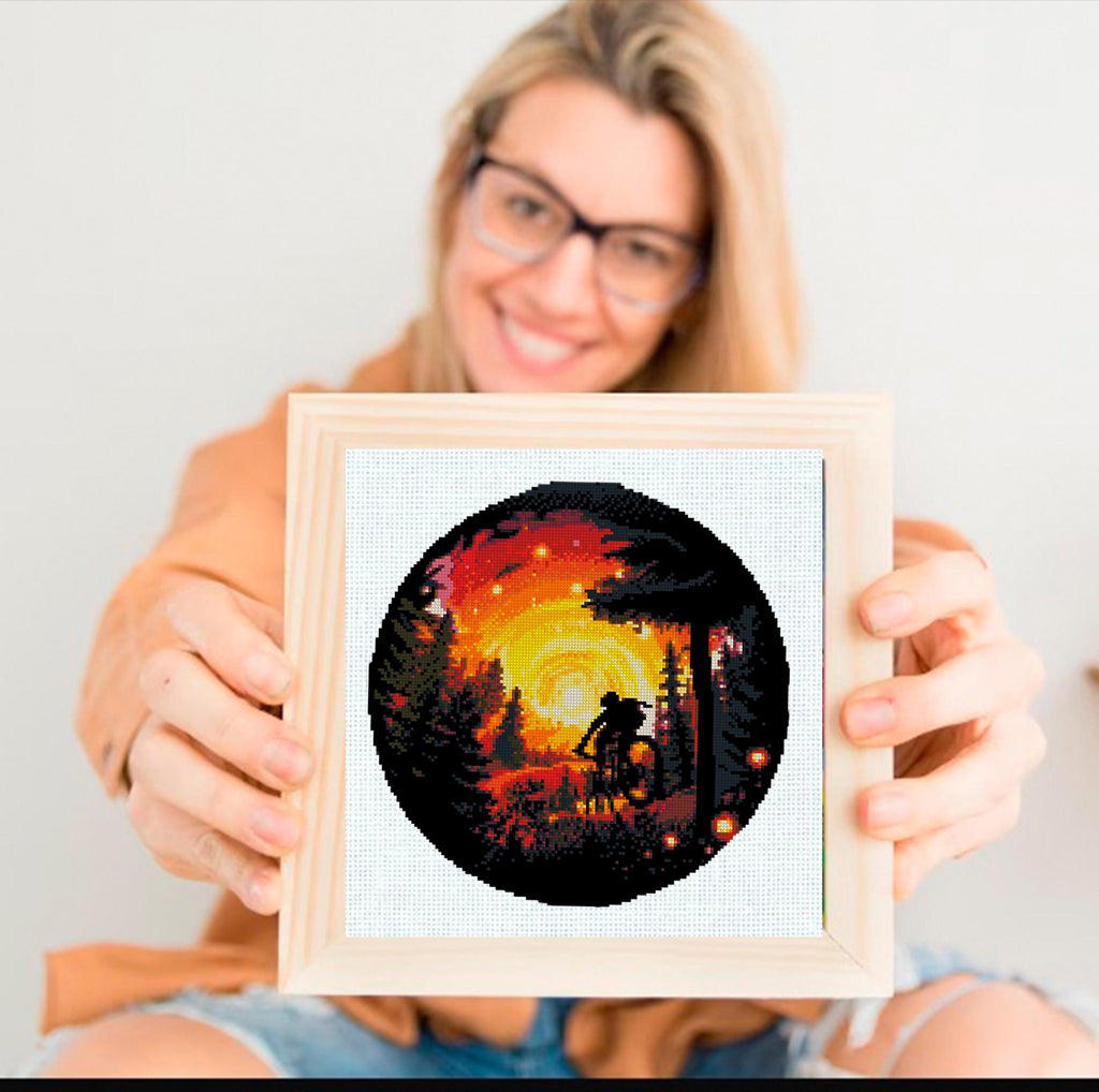 Cyclist Sunset Cross Stitch Pattern PDF, Mountain Bike Forest Landscape Embroidery Design, Biker Silhouette Cross Stitch Digital Download - NuttyHappyHobby