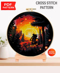 Cyclist Sunset Cross Stitch Pattern PDF, Mountain Bike Forest Landscape Embroidery Design, Biker Silhouette Cross Stitch Digital Download - NuttyHappyHobby