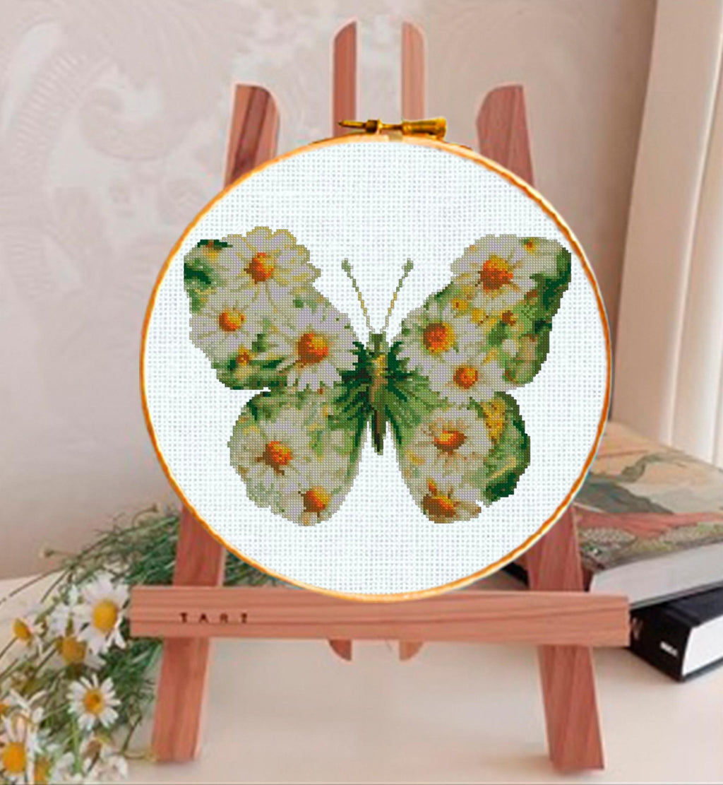 Daisy Butterfly Cross Stitch Pattern PDF, Floral Butterfly Embroidery Design, Wildflower Botanical Cross Stitch Chart, Keeper Pattern, pdf - NuttyHappyHobby
