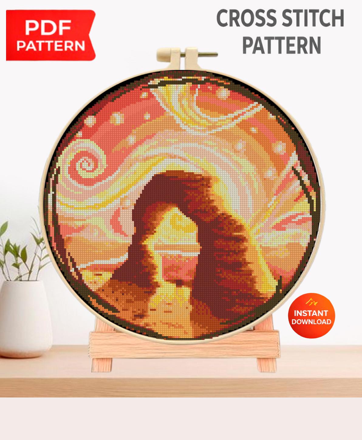 Desert Arch Cross Stitch Pattern PDF, Canyon Rock Landscape Embroidery Design, Sunset Desert Hoop Art Modern Cross Stitch, Download PDF - NuttyHappyHobby