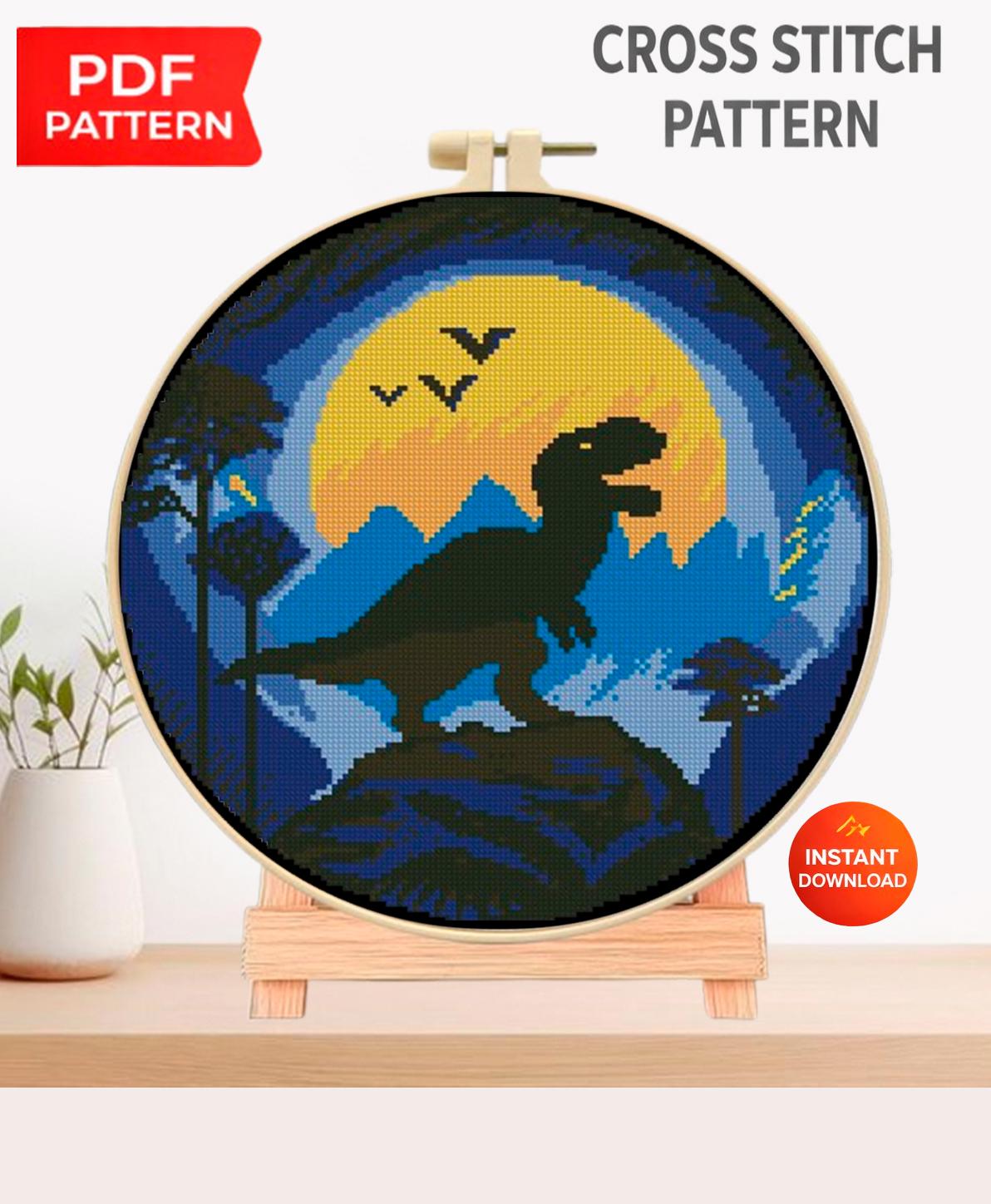 Dinosaur Cross Stitch Pattern PDF, T Rex Silhouette Hoop Art, Modern Animal Embroidery Design, Kids Room Wall Decor, Instant Download - NuttyHappyHobby