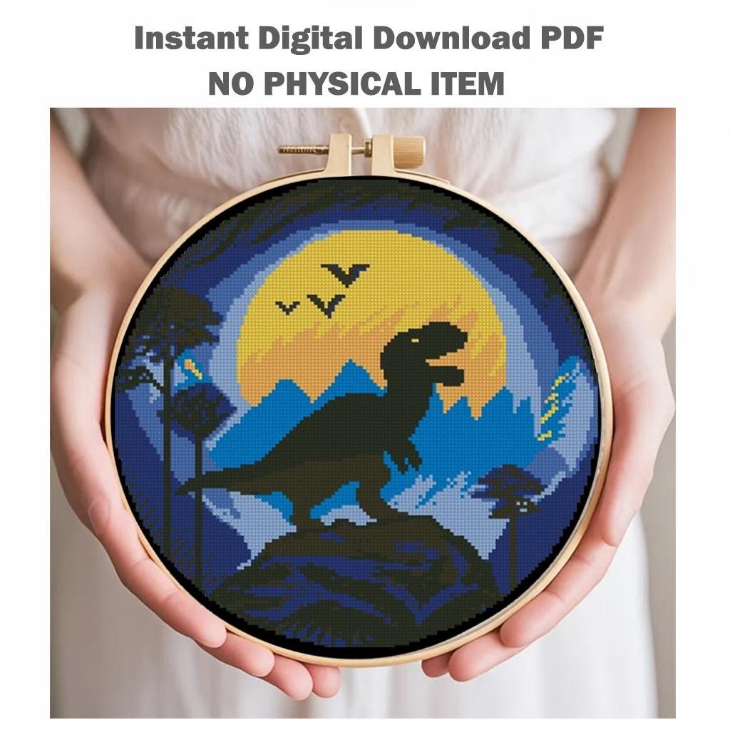 Dinosaur Cross Stitch Pattern PDF, T Rex Silhouette Hoop Art, Modern Animal Embroidery Design, Kids Room Wall Decor, Instant Download - NuttyHappyHobby