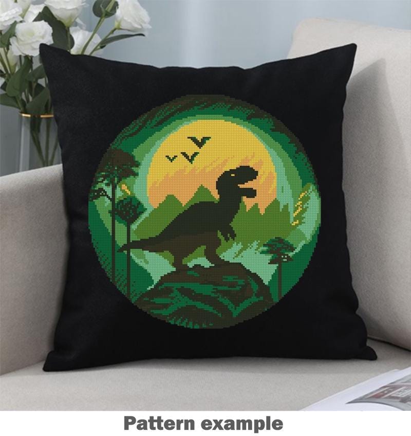 Dinosaur Cross Stitch Pattern PDF, T - Rex Silhouette Sunset Embroidery Design, Prehistoric Landscape Hoop Art, Instant Download Chart, PDF - NuttyHappyHobby