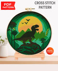 Dinosaur Cross Stitch Pattern PDF, T - Rex Silhouette Sunset Embroidery Design, Prehistoric Landscape Hoop Art, Instant Download Chart, PDF - NuttyHappyHobby