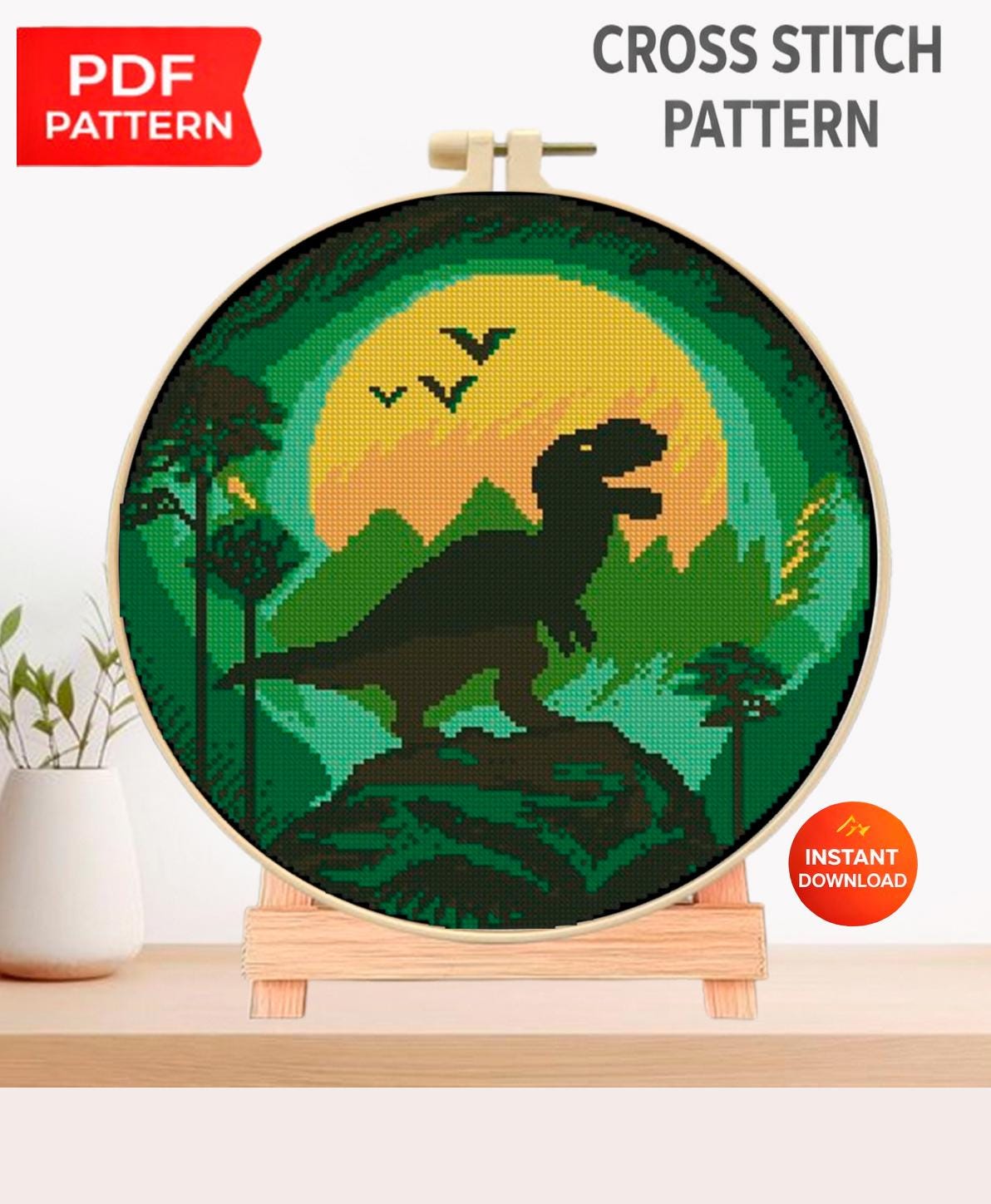 Dinosaur Cross Stitch Pattern PDF, T - Rex Silhouette Sunset Embroidery Design, Prehistoric Landscape Hoop Art, Instant Download Chart, PDF - NuttyHappyHobby