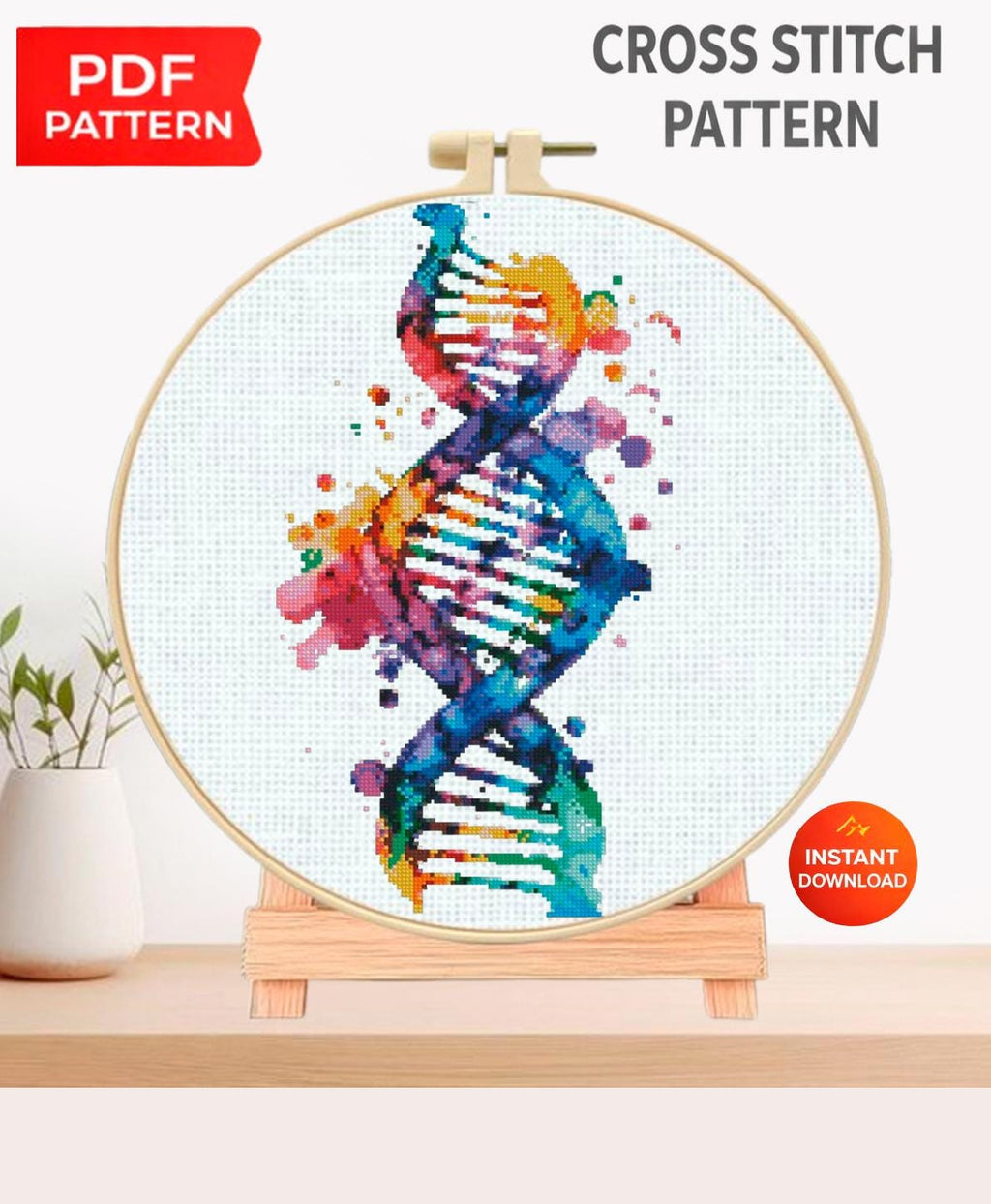 DNA Double Helix Cross Stitch Pattern PDF, Colorful Genetics Embroidery Design, Science Wall Art, Medical Decor Download, Pattern Keeper - NuttyHappyHobby