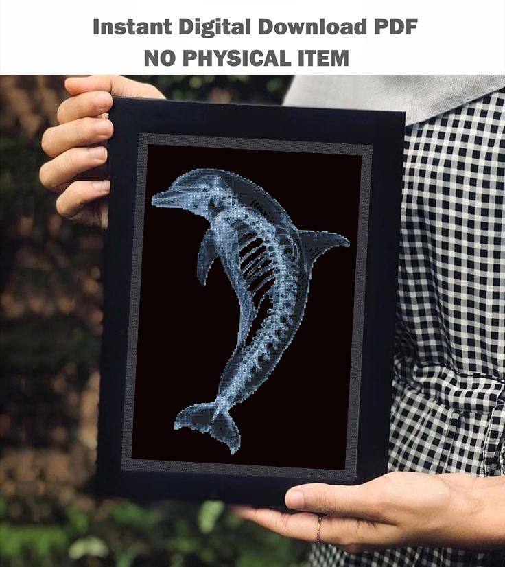 Dolphin Skeleton Cross Stitch Pattern PDF, X Ray Marine Animal Anatomy Embroidery Design, Gothic Ocean Wall Art Download - NuttyHappyHobby