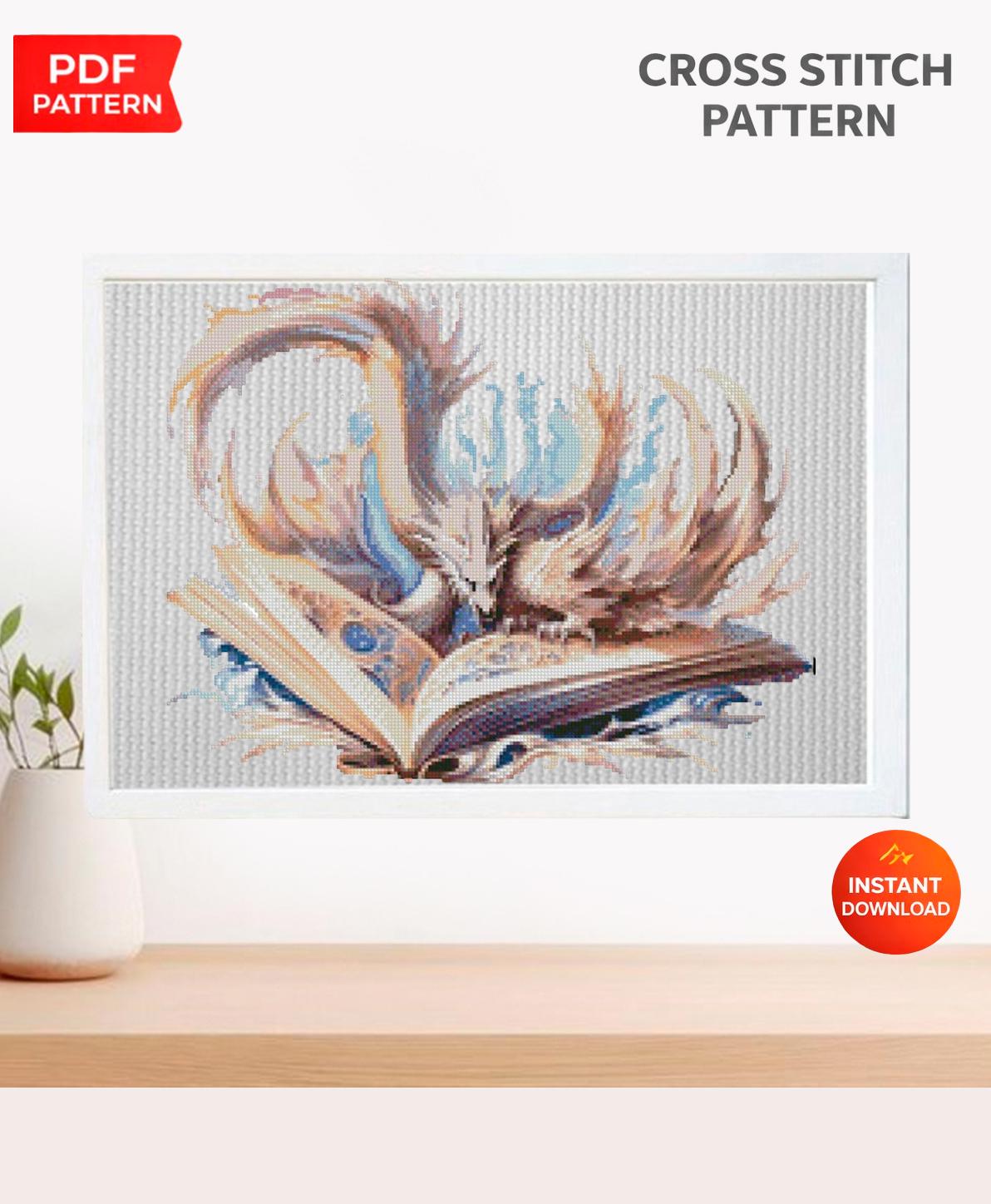 Dragon Book Cross Stitch Pattern PDF, Fantasy Dragon Embroidery Design, Magic Book Cross Stitch, Dragon Fantasy Cross Stitch Download pdf - NuttyHappyHobby