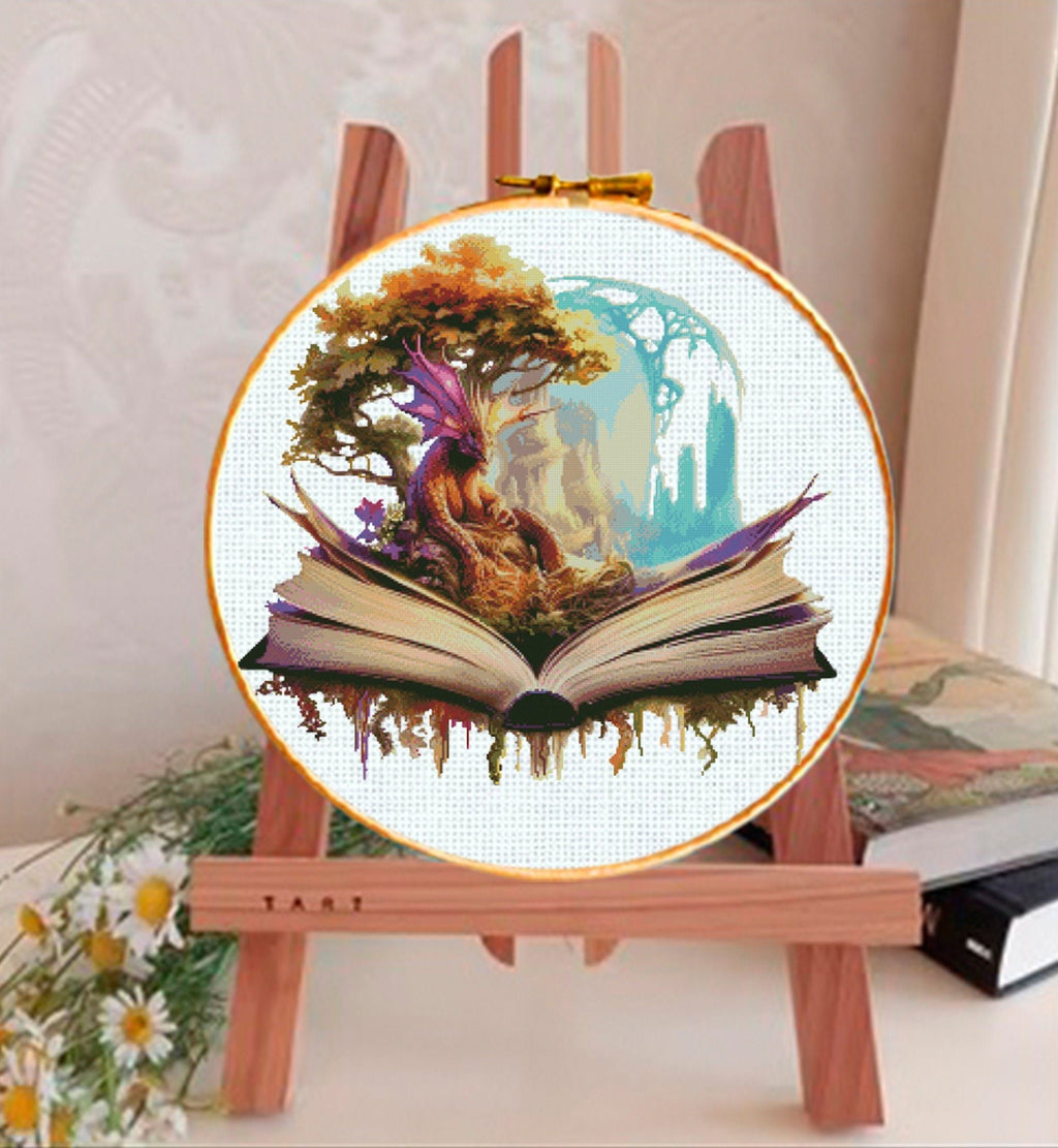 Dragon Book Cross Stitch Pattern PDF, Fantasy Dragon Tree Embroidery Design, Magic Book Cross Stitch, Fantasy World Cross Stitch Download - NuttyHappyHobby