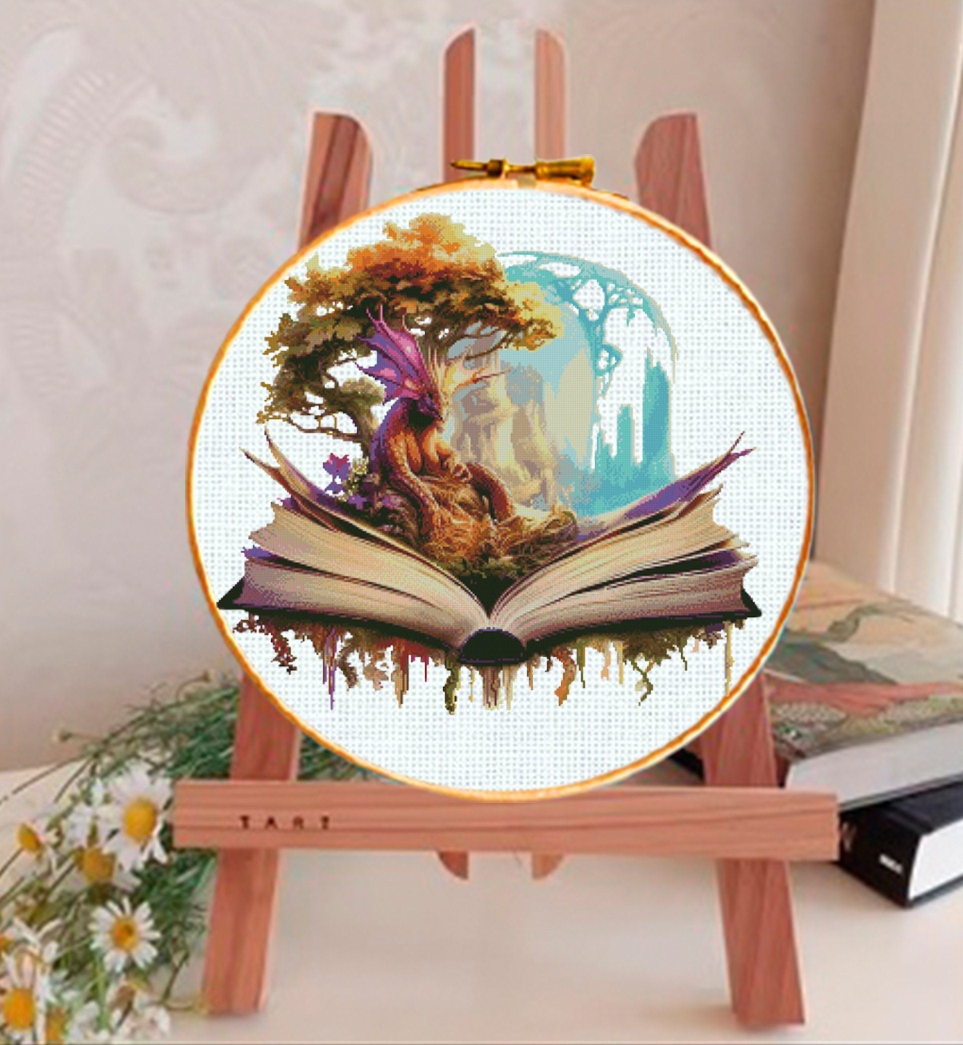 Dragon Book Cross Stitch Pattern PDF, Fantasy Dragon Tree Embroidery Design, Magic Book Cross Stitch, Fantasy World Cross Stitch Download - NuttyHappyHobby