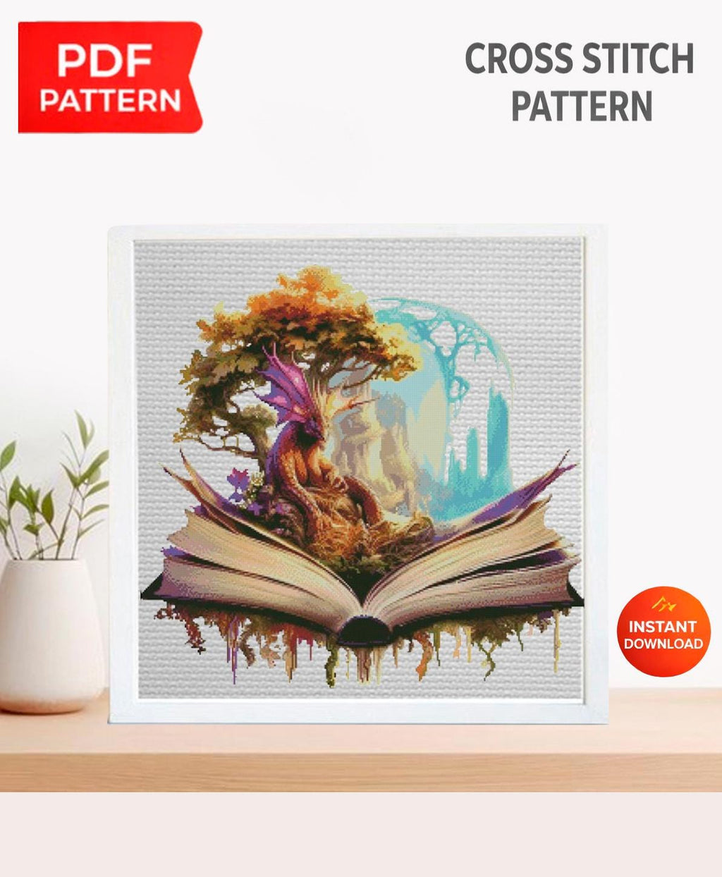 Dragon Book Cross Stitch Pattern PDF, Fantasy Dragon Tree Embroidery Design, Magic Book Cross Stitch, Fantasy World Cross Stitch Download - NuttyHappyHobby