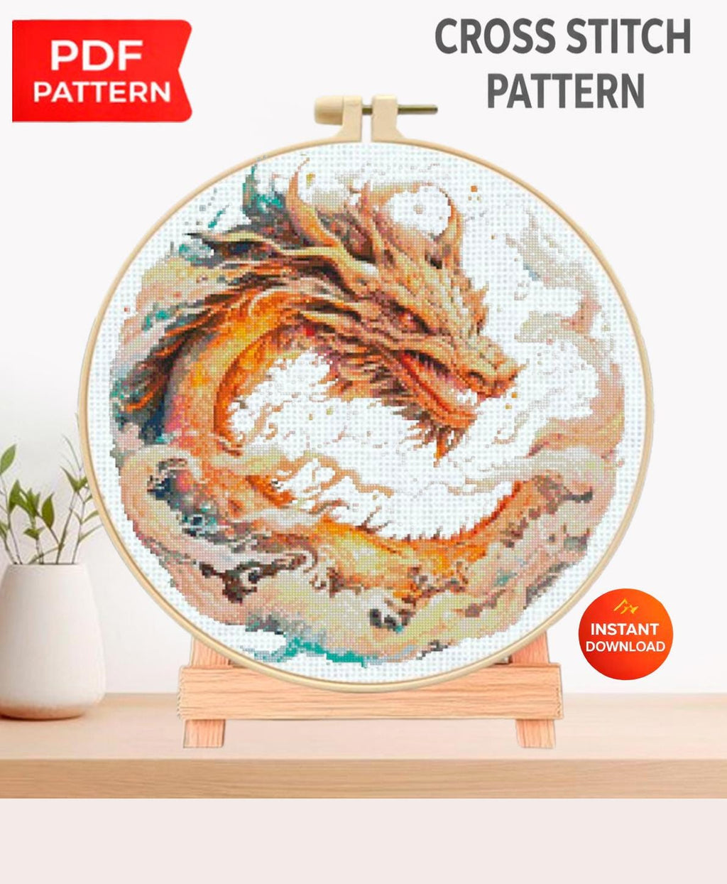Dragon Cross Stitch Pattern PDF, Fantasy Dragon Embroidery Design, Mystic Fire Dragon Cross Stitch Chart, Mythical Creature Needlework - NuttyHappyHobby