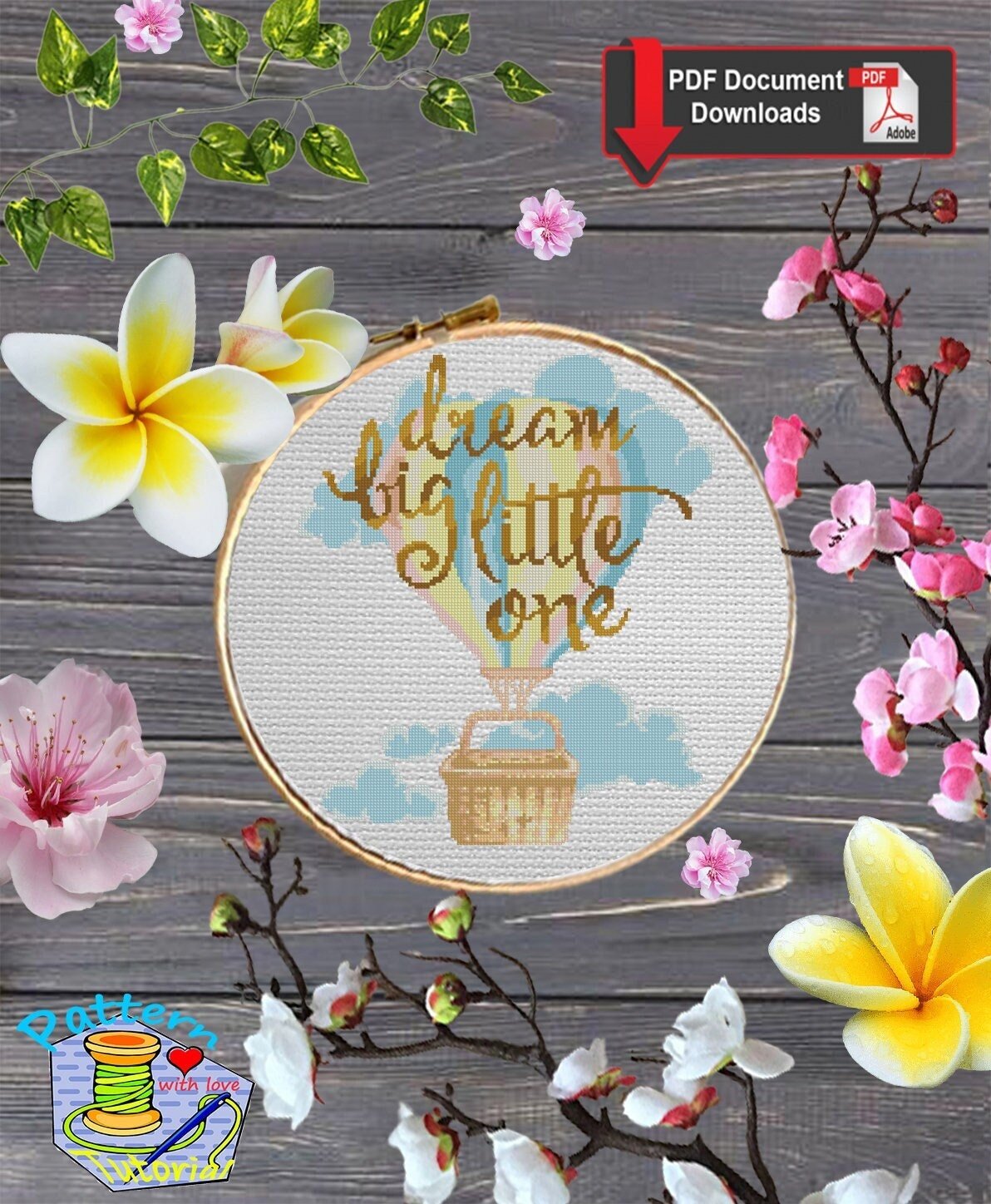 Dream Big Little One Cross Stitch Pattern PDF, Baby Nursery Embroidery Design, Hot Air Balloon Baby Pattern, Nursery Decor Cross Stitch - NuttyHappyHobby