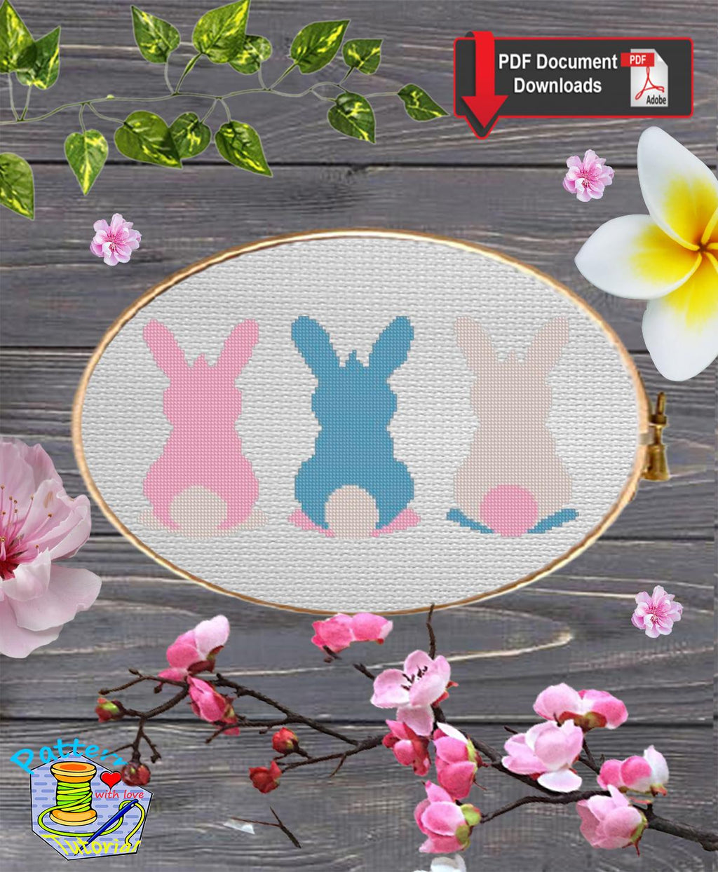 Easter Bunny Cross Stitch Pattern PDF, Cute Spring Rabbit Embroidery Design, Easter Decor Cross Stitch Chart, Bunny Needlework download - NuttyHappyHobby
