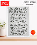 Elegant Script ABC Alphabet Cross Stitch Pattern PDF, Calligraphy Uppercase and Lowercase Font with Numbers and Symbols Chart, download - NuttyHappyHobby