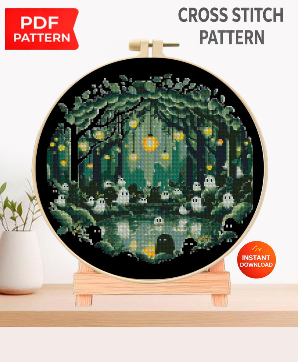 Enchanted Forest Ghost Cross Stitch Pattern PDF, Magical Forest Embroidery Design, Witchy Woodland Cross Stitch, Gothic Decor, Download - NuttyHappyHobby