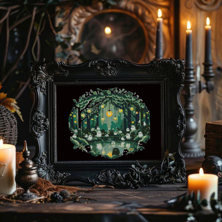Enchanted Forest Ghost Cross Stitch Pattern PDF, Magical Forest Embroidery Design, Witchy Woodland Cross Stitch, Gothic Decor, Download - NuttyHappyHobby