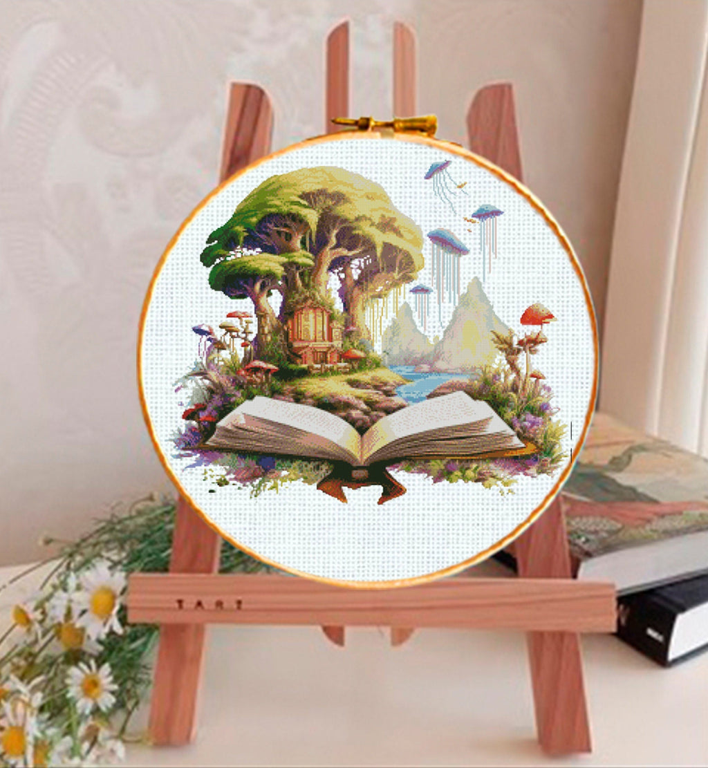 Fantasy Book Cross Stitch Pattern PDF, Magic Book World Embroidery Design, Fairy Tale Landscape Cross Stitch, Fantasy Book Cross Stitch pdf - NuttyHappyHobby