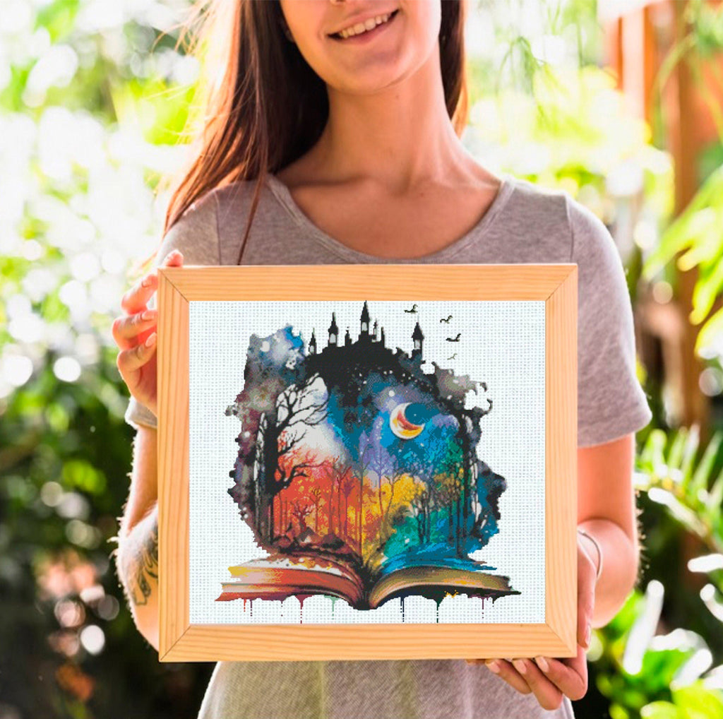 Fantasy Book Cross Stitch Pattern PDF, Magical World Book Embroidery Design, Fantasy Landscape Cross Stitch Book Lover Cross Stitch Download - NuttyHappyHobby