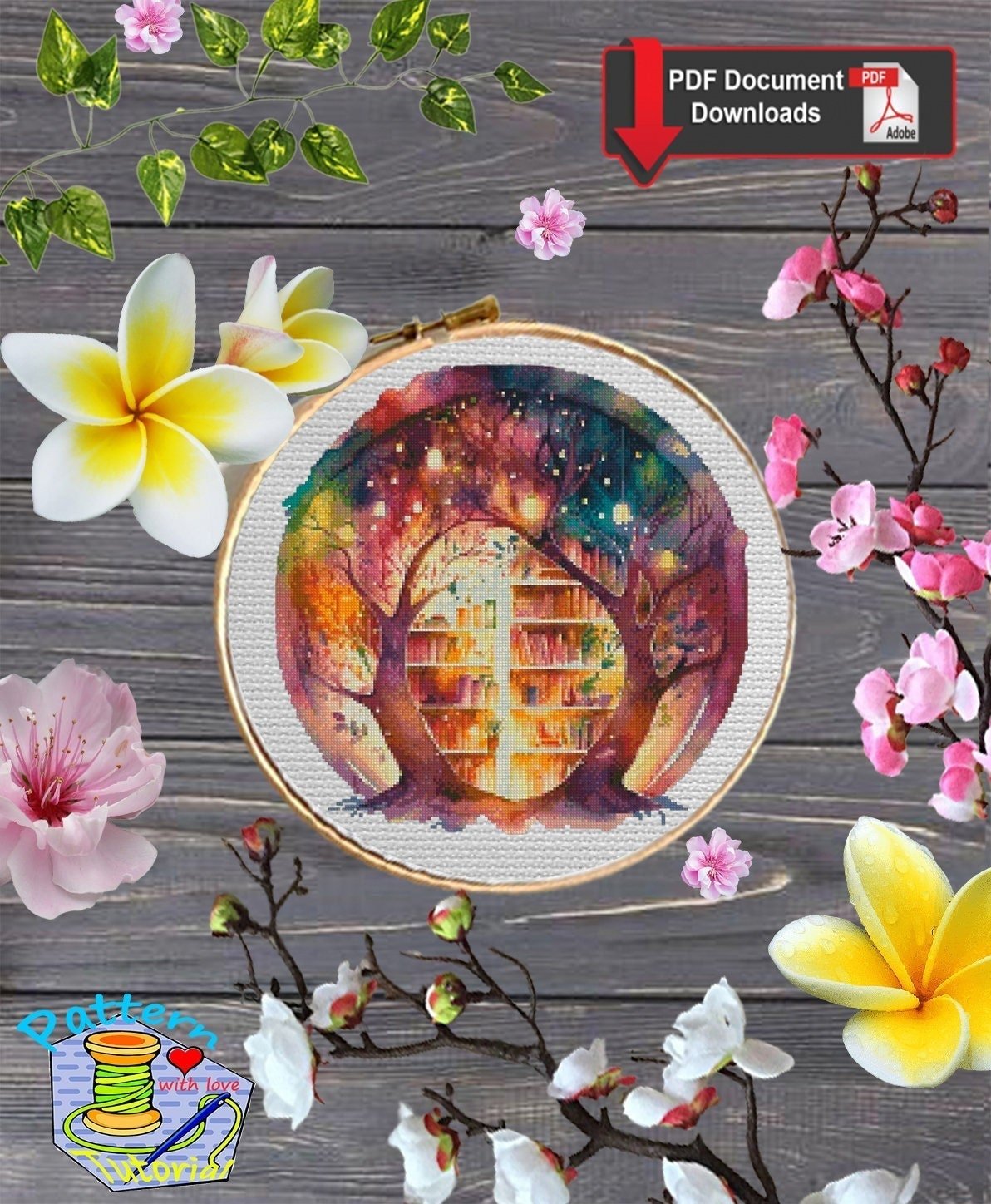 Fantasy Library Cross Stitch Pattern PDF, Magic Book Library Embroidery Design, Book Lover Cross Stitch, Magical Reading Stitch Download - NuttyHappyHobby