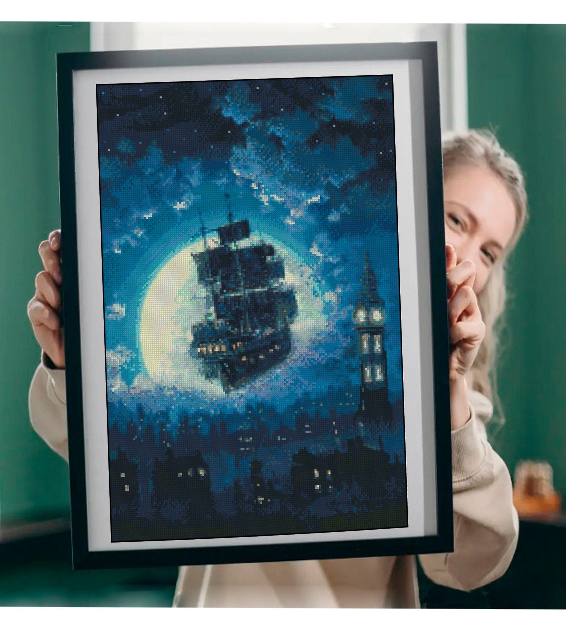 Fantasy Ship Cross Stitch Pattern PDF, Moonlight Sailing Ship Embroidery Design, Magical Night Sea Cross Stitch, Fantasy Ocean Ship Download - NuttyHappyHobby