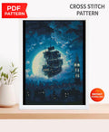 Fantasy Ship Cross Stitch Pattern PDF, Moonlight Sailing Ship Embroidery Design, Magical Night Sea Cross Stitch, Fantasy Ocean Ship Download - NuttyHappyHobby