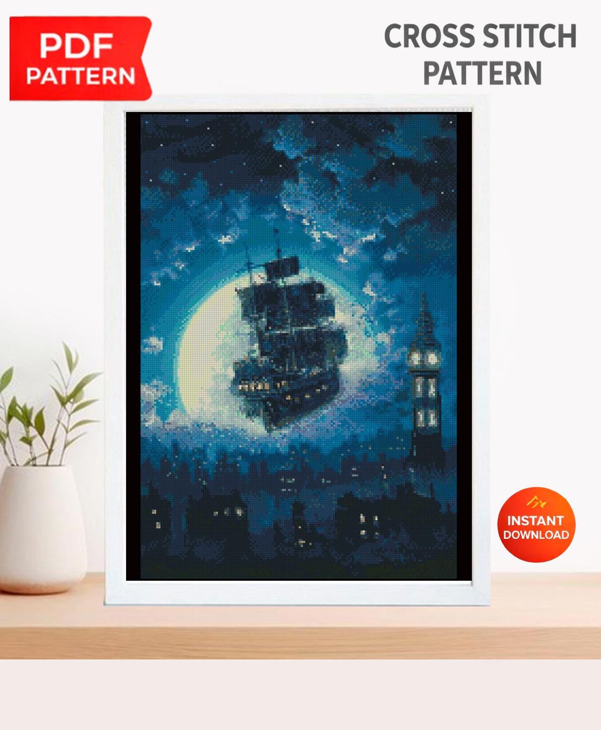 Fantasy Ship Cross Stitch Pattern PDF, Moonlight Sailing Ship Embroidery Design, Magical Night Sea Cross Stitch, Fantasy Ocean Ship Download - NuttyHappyHobby