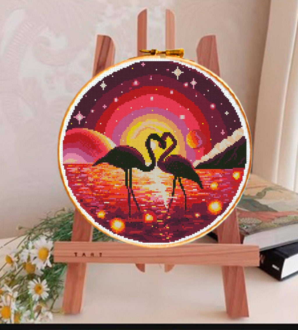 Flamingo Couple Cross Stitch Pattern PDF, Romantic Sunset Flamingos, Tropical Bird Embroidery Chart, Modern Round Hoop Design, Download - NuttyHappyHobby