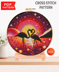 Flamingo Couple Cross Stitch Pattern PDF, Romantic Sunset Flamingos, Tropical Bird Embroidery Chart, Modern Round Hoop Design, Download - NuttyHappyHobby