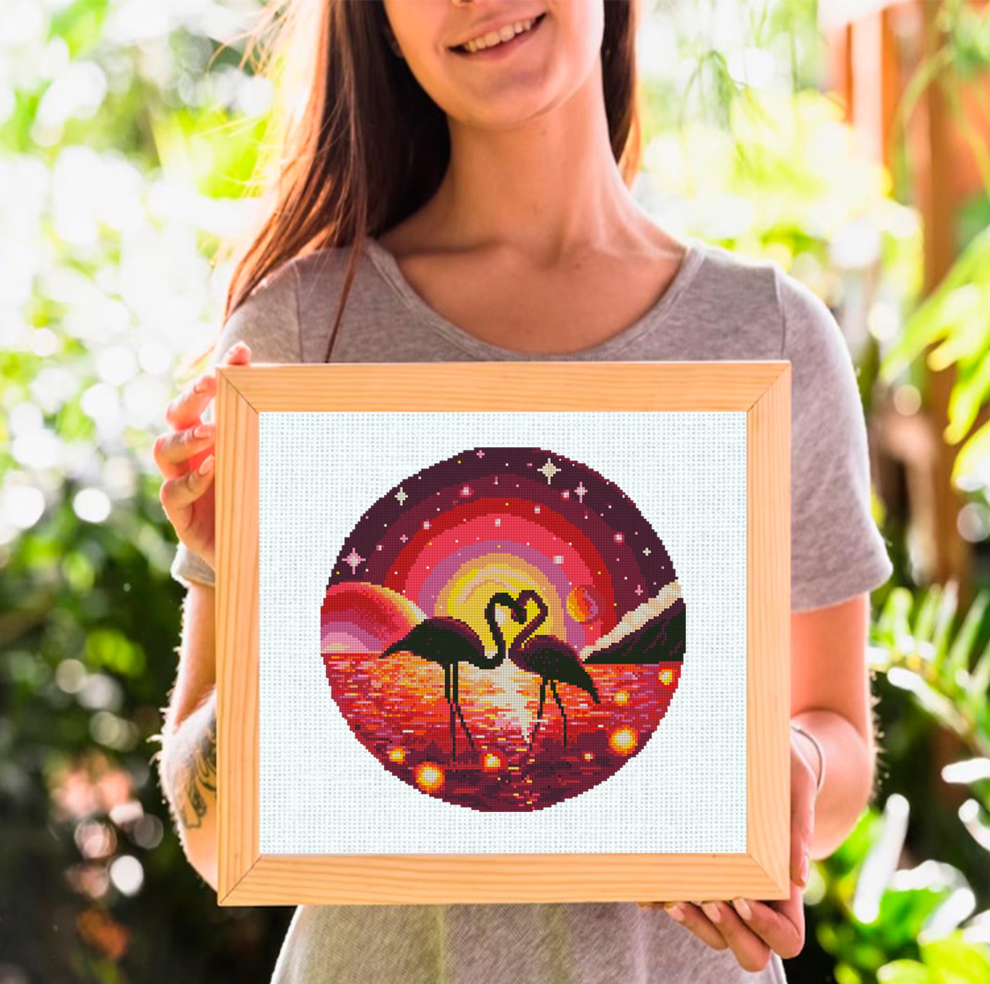Flamingo Couple Cross Stitch Pattern PDF, Romantic Sunset Flamingos, Tropical Bird Embroidery Chart, Modern Round Hoop Design, Download - NuttyHappyHobby