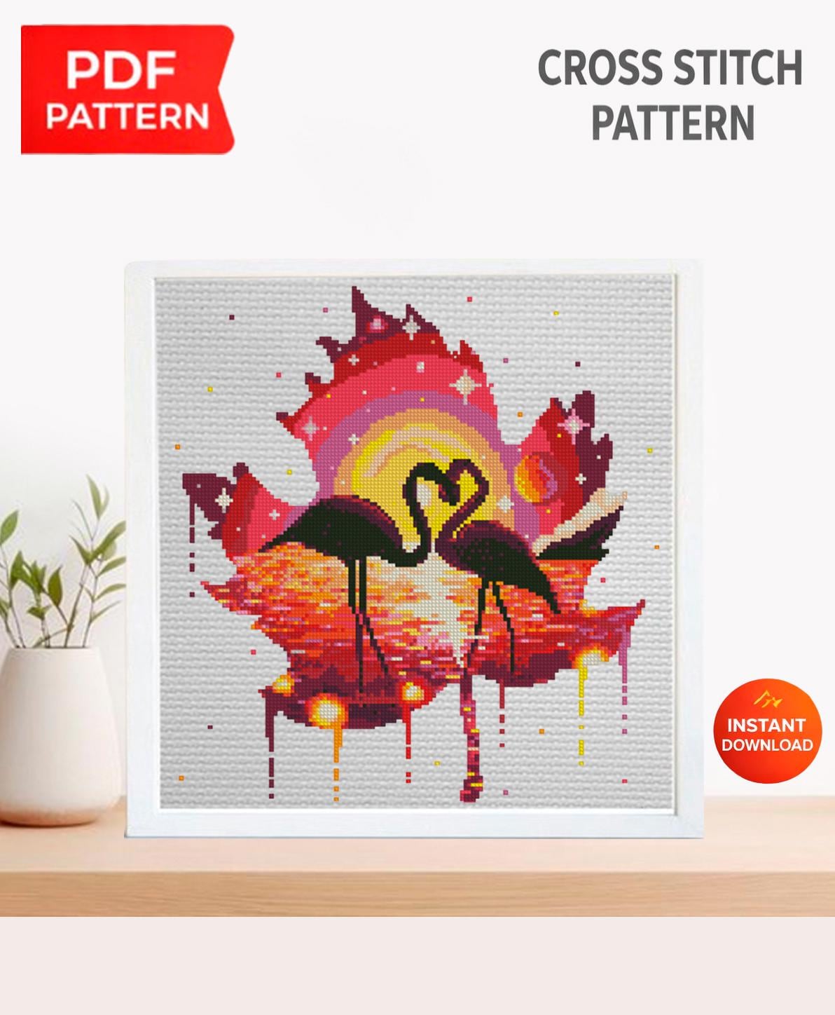 Flamingo Cross Stitch Pattern PDF, Pink Flamingo Embroidery Design, Romantic Bird Art, Tropical Love Flamingos Chart, Modern Needlepoint - NuttyHappyHobby