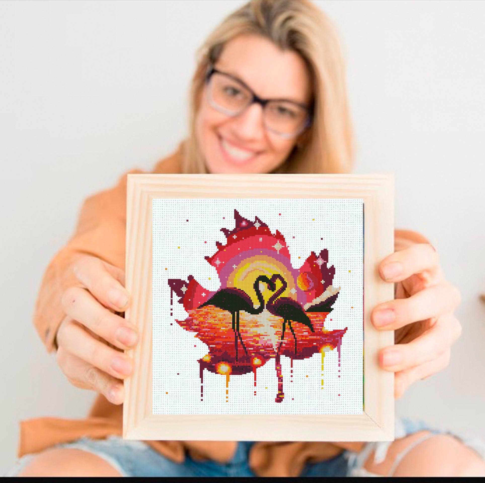 Flamingo Cross Stitch Pattern PDF, Pink Flamingo Embroidery Design, Romantic Bird Art, Tropical Love Flamingos Chart, Modern Needlepoint - NuttyHappyHobby
