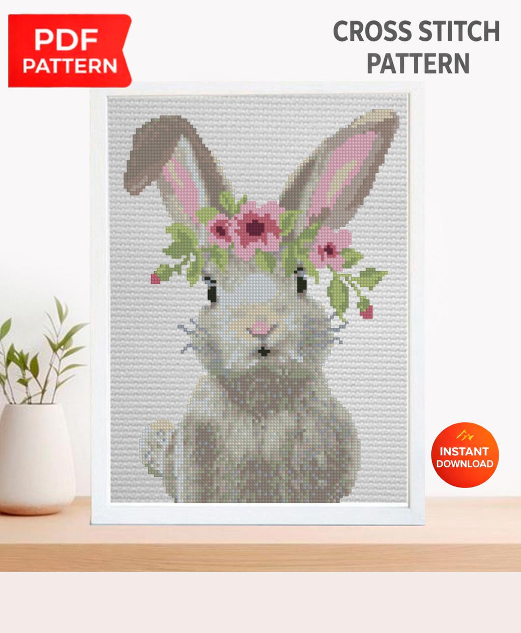 Floral Bunny Cross Stitch Pattern PDF, Cute Rabbit Embroidery Design, Spring Bunny Cross Stitch, Easter Bunny Pattern, Instant Download pdf - NuttyHappyHobby