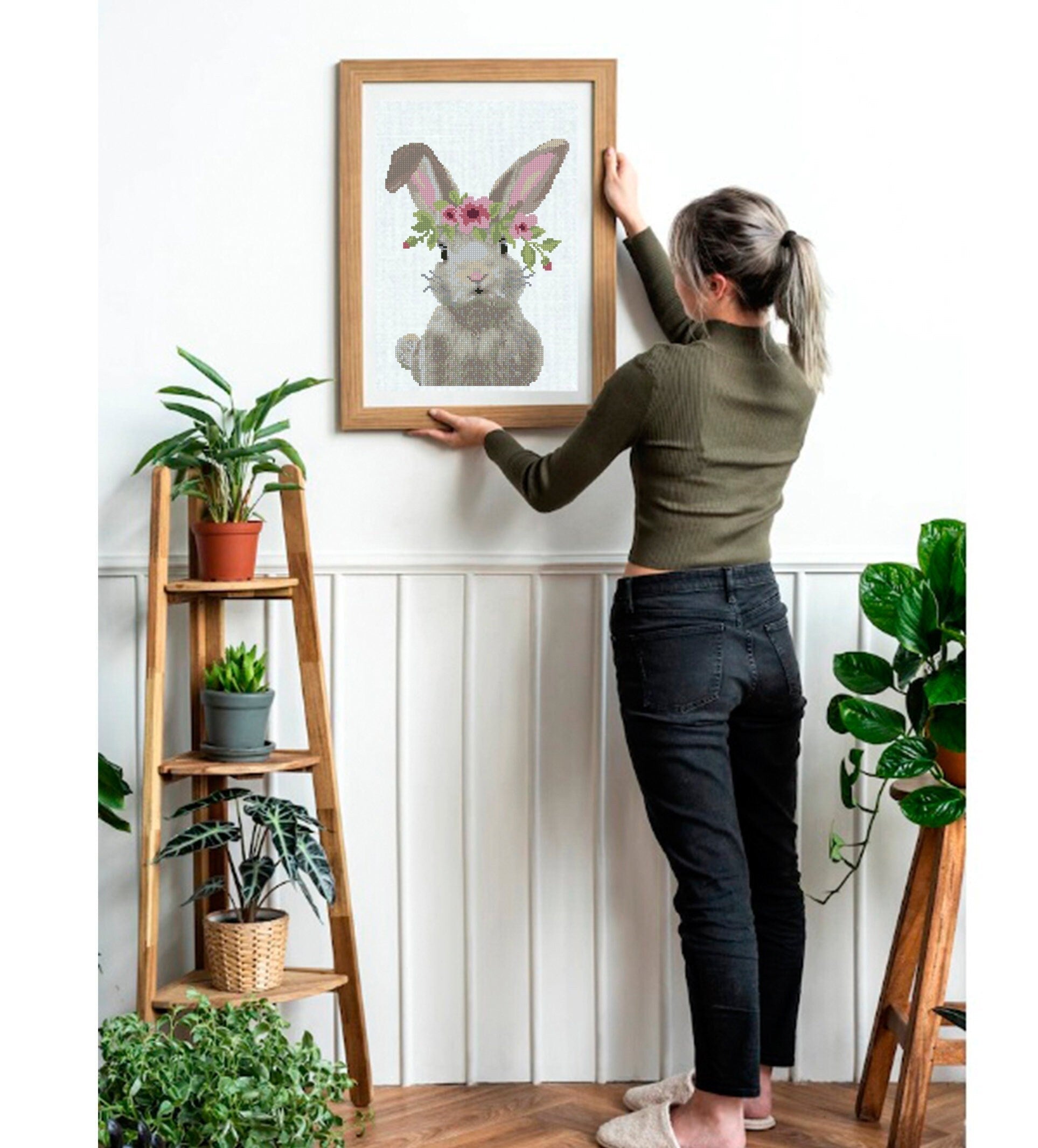 Floral Bunny Cross Stitch Pattern PDF, Cute Rabbit Embroidery Design, Spring Bunny Cross Stitch, Easter Bunny Pattern, Instant Download pdf - NuttyHappyHobby