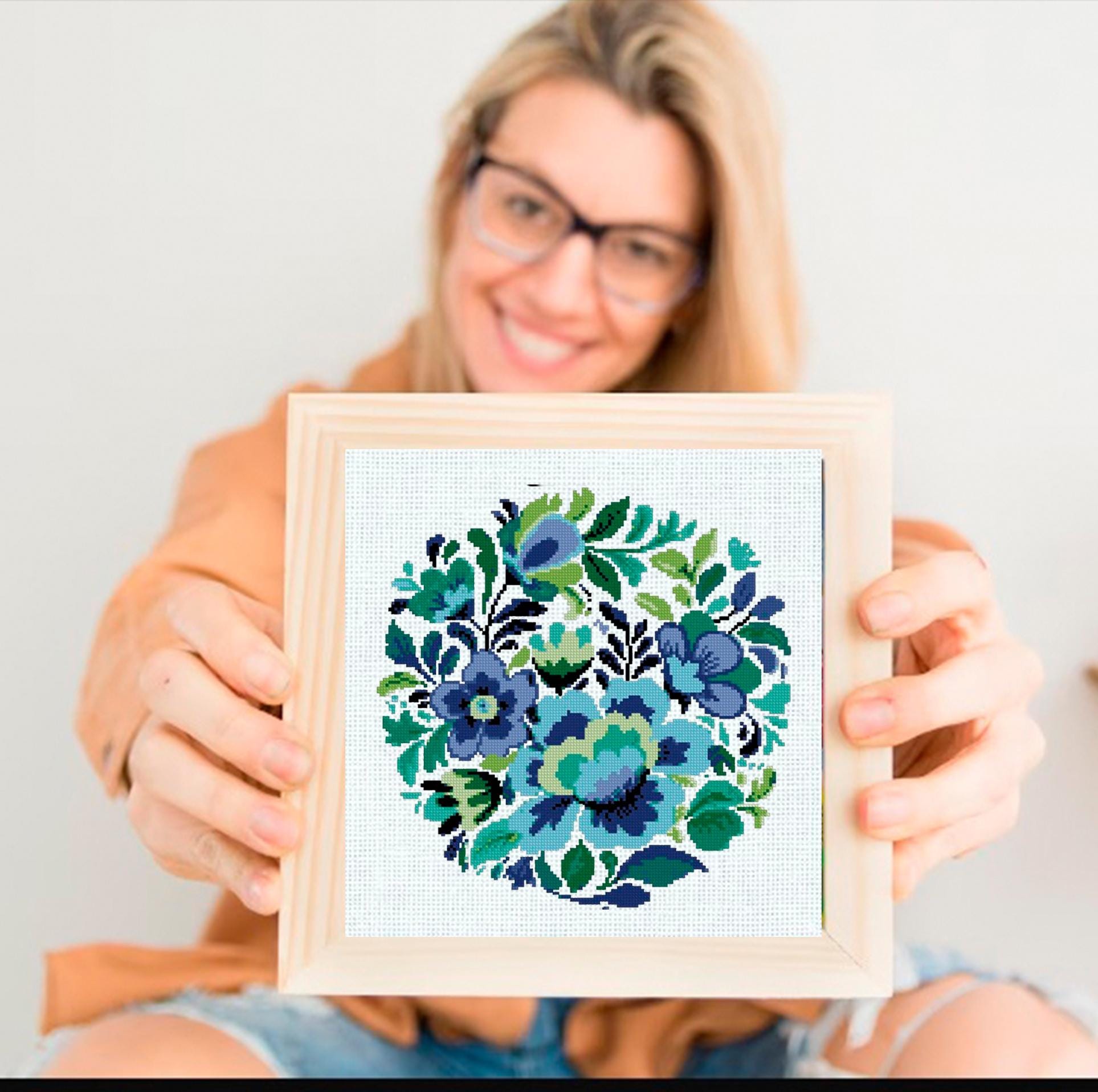 Floral Cross Stitch Pattern PDF, Blue Flower Embroidery Design, Modern Botanical Cross Stitch Chart, Round Hoop Needlework, Instant Download - NuttyHappyHobby