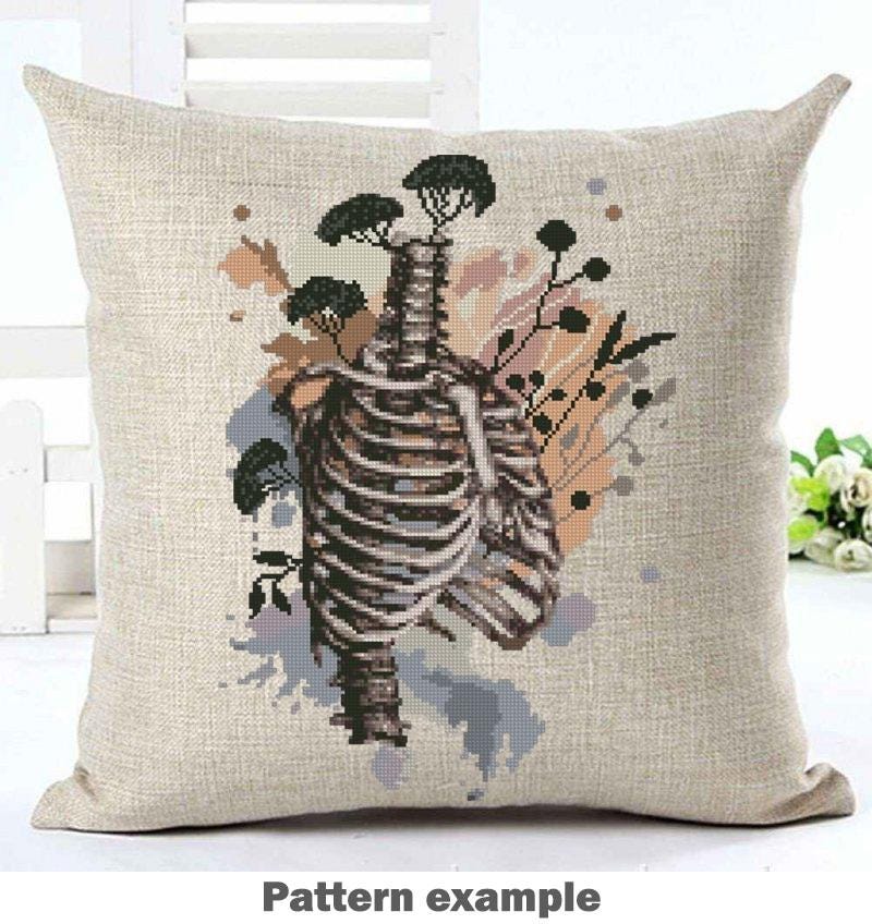 Floral Rib Cage Cross Stitch Pattern PDF, Botanical Skeleton Embroidery Design, Gothic Anatomy Wall Art Download - NuttyHappyHobby