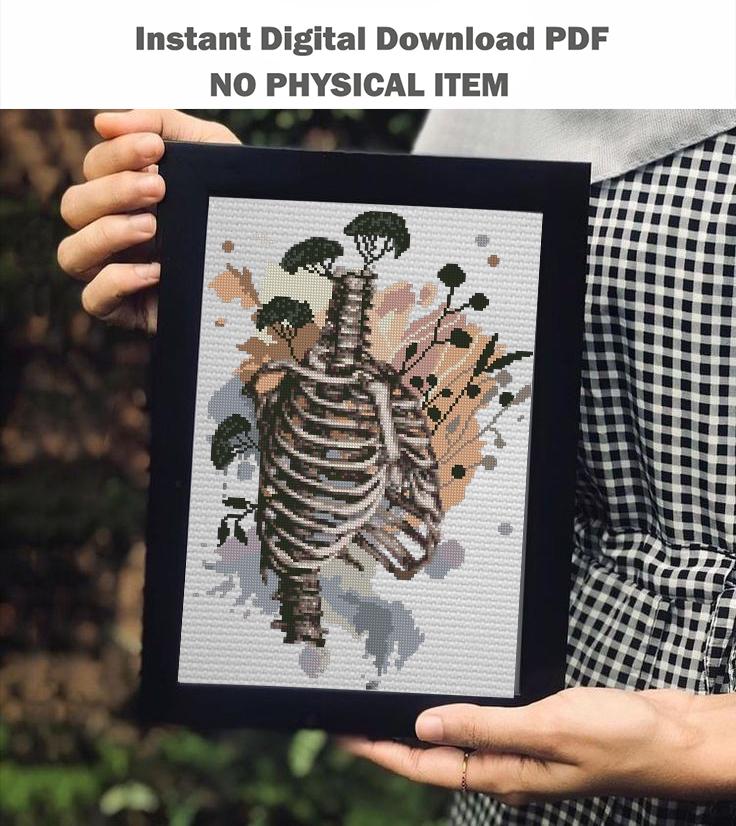 Floral Rib Cage Cross Stitch Pattern PDF, Botanical Skeleton Embroidery Design, Gothic Anatomy Wall Art Download - NuttyHappyHobby
