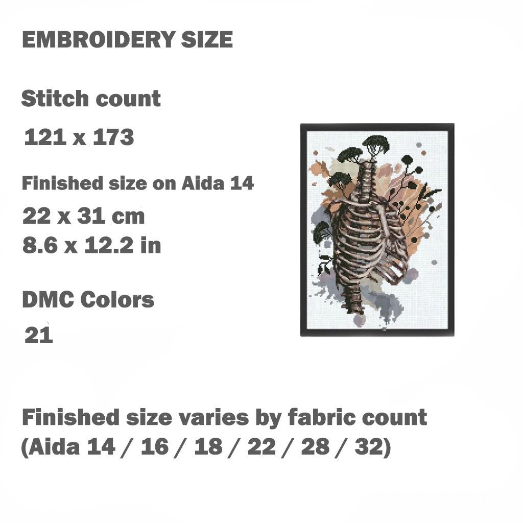 Floral Rib Cage Cross Stitch Pattern PDF, Botanical Skeleton Embroidery Design, Gothic Anatomy Wall Art Download - NuttyHappyHobby
