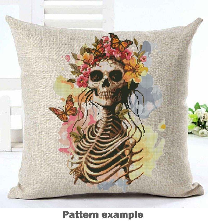 Floral Skeleton Cross Stitch Pattern PDF, Gothic Rib Cage Embroidery Design, Botanical Skull Art, Dark Academia Decor Download - NuttyHappyHobby