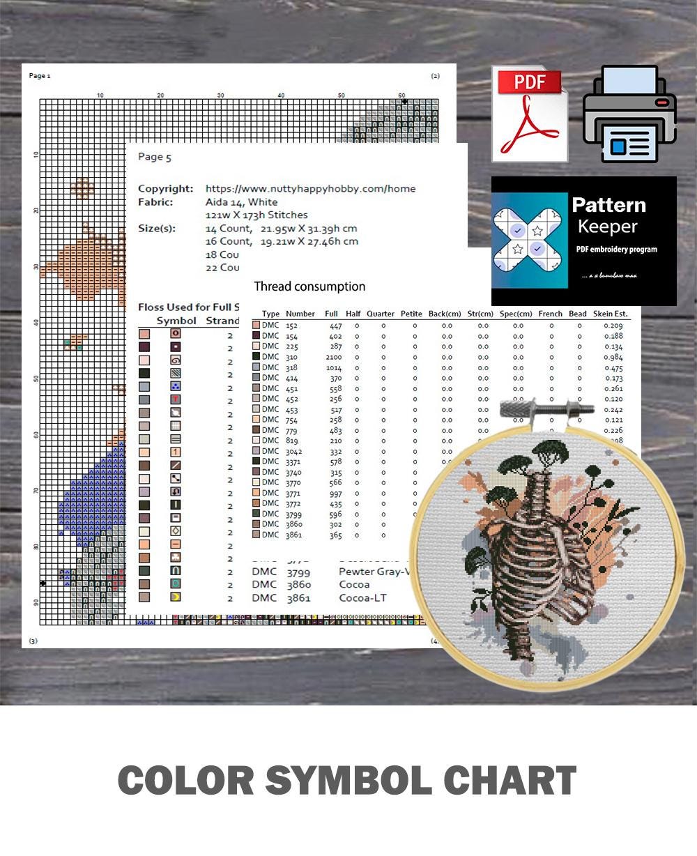 Floral Skeleton Cross Stitch Pattern PDF, Gothic Rib Cage Embroidery Design, Botanical Skull Art, Dark Academia Decor Download - NuttyHappyHobby