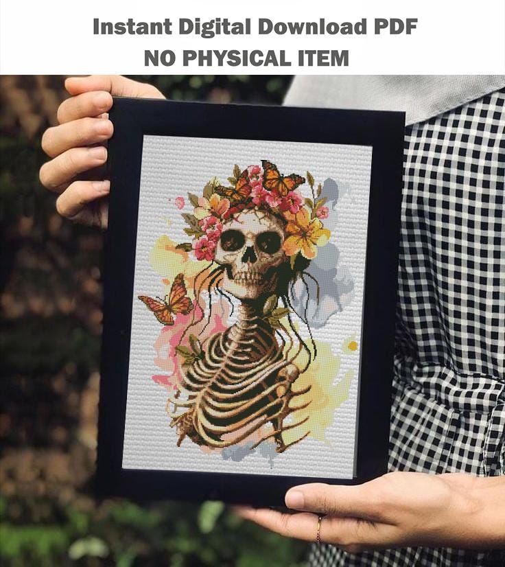 Floral Skeleton Cross Stitch Pattern PDF, Gothic Rib Cage Embroidery Design, Botanical Skull Art, Dark Academia Decor Download - NuttyHappyHobby